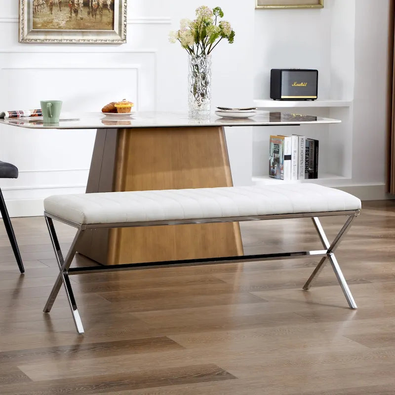Banc de salle à manger capitonné en similicuir de 118 cm de long avec pieds en X en métal