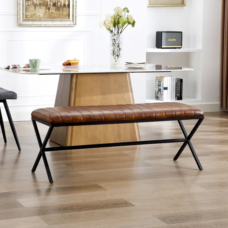 Banc de salle à manger capitonné en similicuir de 118 cm de long avec pieds en X en métal
