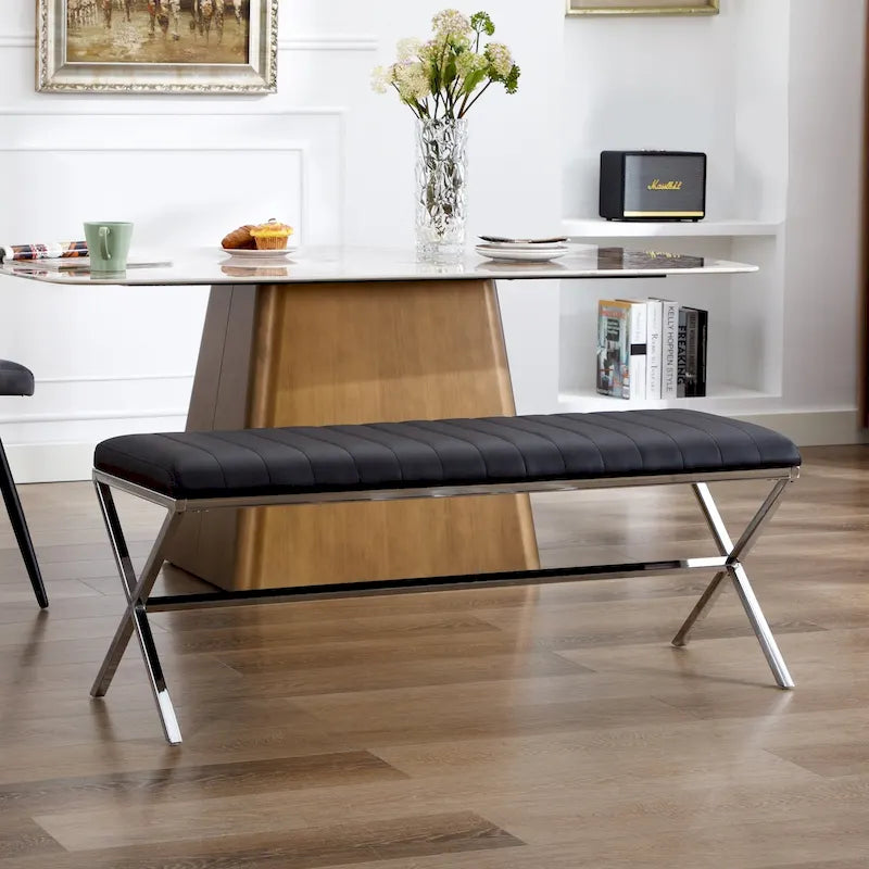 Banc de salle à manger capitonné en similicuir de 118 cm de long avec pieds en X en métal