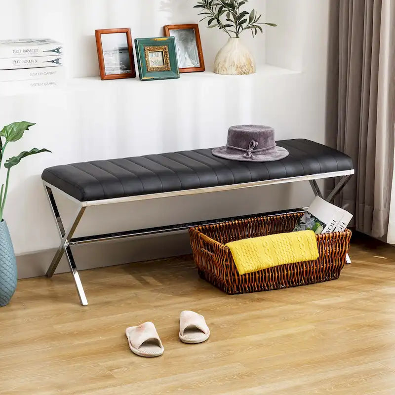 Banc de salle à manger capitonné en similicuir de 118 cm de long avec pieds en X en métal