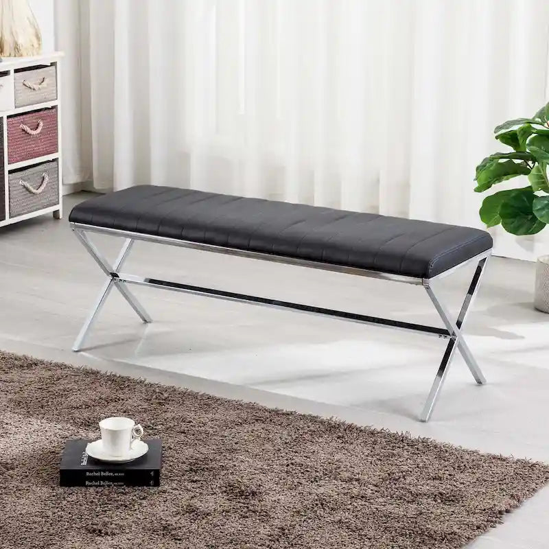 Banc de salle à manger capitonné en similicuir de 118 cm de long avec pieds en X en métal