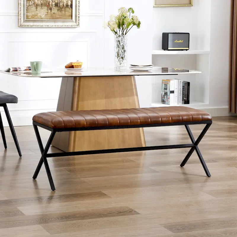 Banc de salle à manger capitonné en similicuir de 118 cm de long avec pieds en X en métal