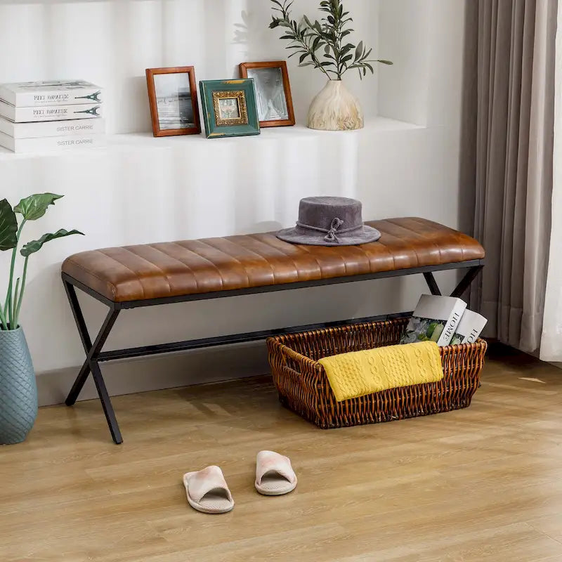 Banc de salle à manger capitonné en similicuir de 118 cm de long avec pieds en X en métal