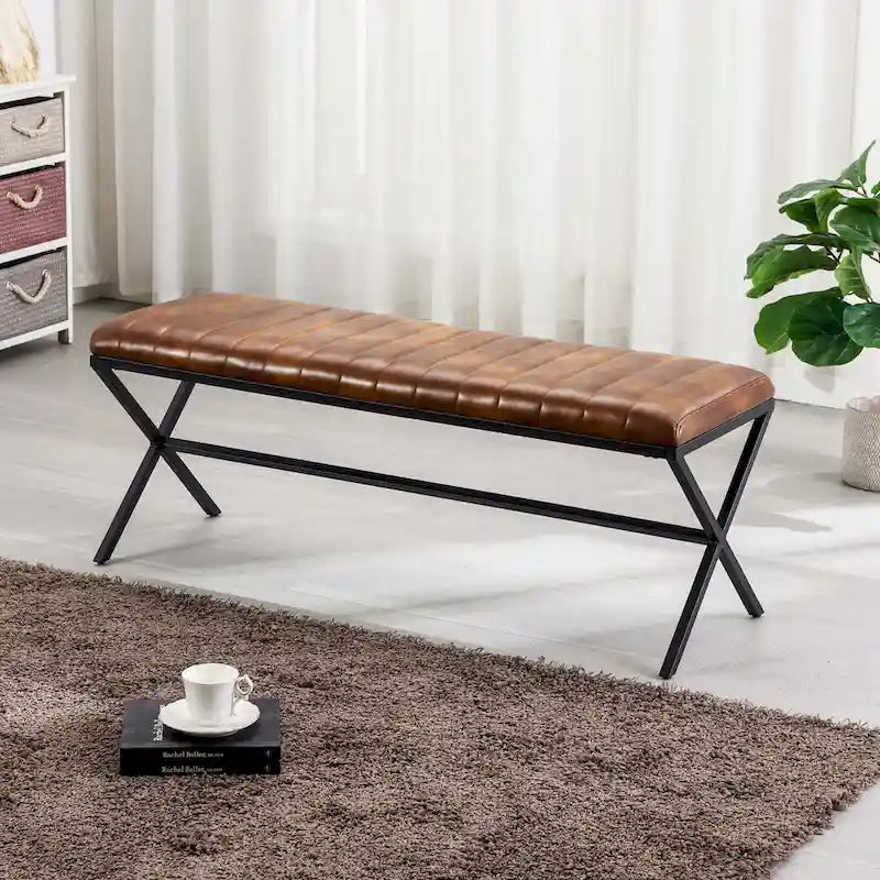 Banc de salle à manger capitonné en similicuir de 118 cm de long avec pieds en X en métal