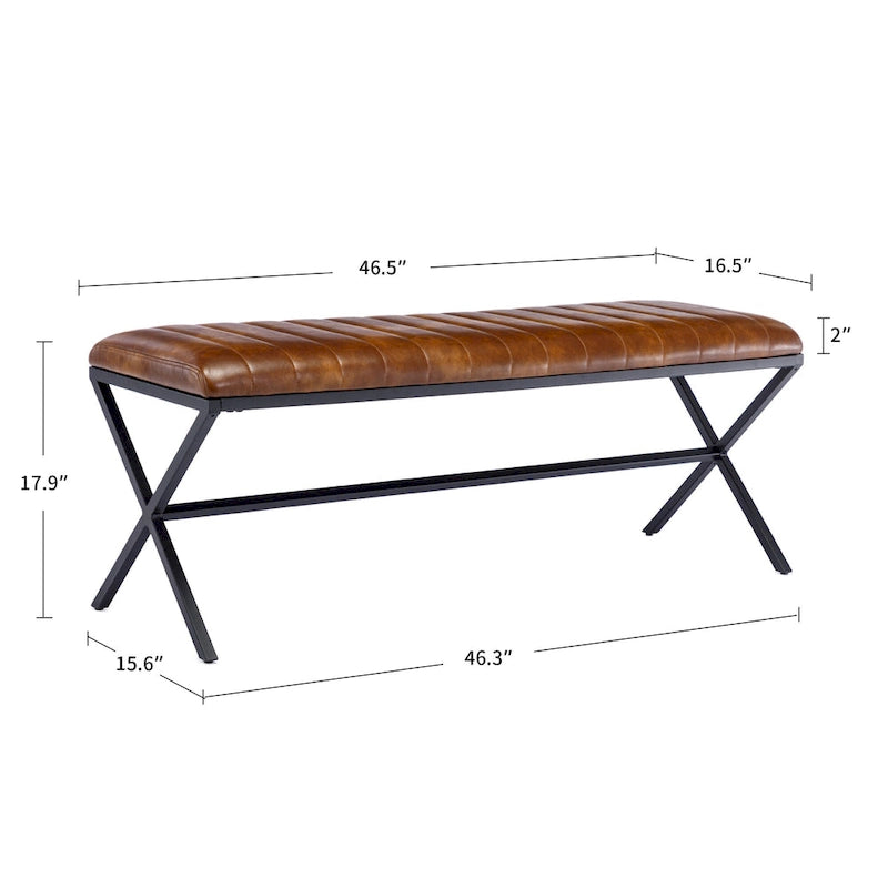 Banc de salle à manger capitonné en similicuir de 118 cm de long avec pieds en X en métal