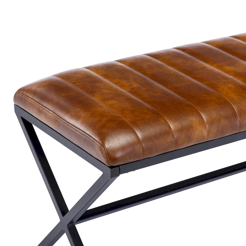 Banc de salle à manger capitonné en similicuir de 118 cm de long avec pieds en X en métal