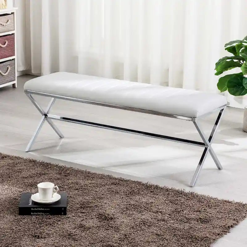 Banc de salle à manger capitonné en similicuir de 118 cm de long avec pieds en X en métal