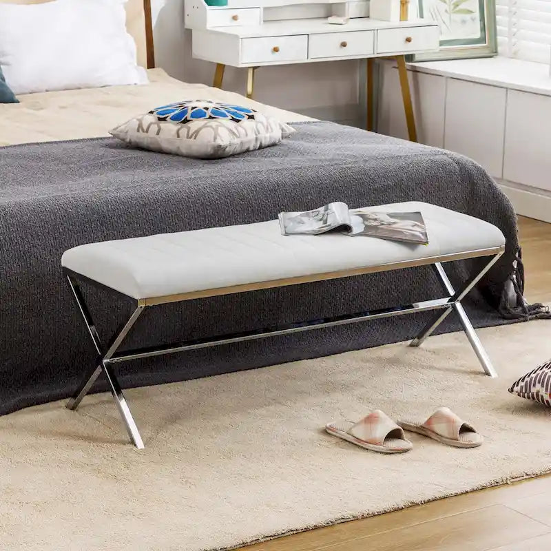 Banc de salle à manger capitonné en similicuir de 118 cm de long avec pieds en X en métal