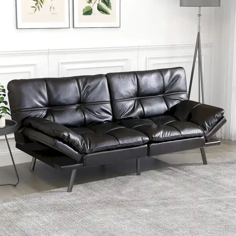 Futon moderne en similicuir avec mousse à mémoire de forme et accoudoirs réglables.
