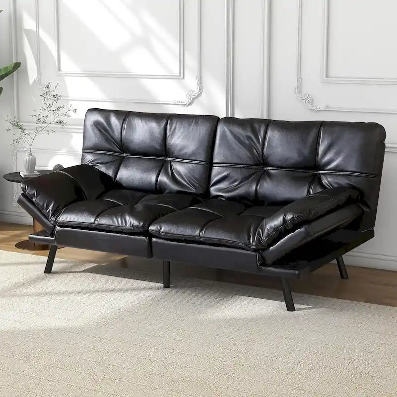 Futon moderne en similicuir avec mousse à mémoire de forme et accoudoirs réglables.