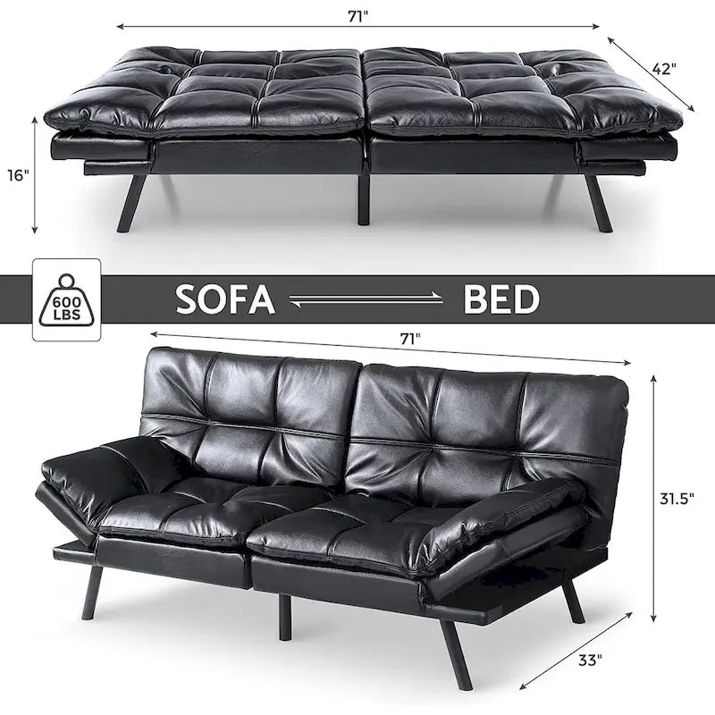 Futon moderne en similicuir avec mousse à mémoire de forme et accoudoirs réglables.