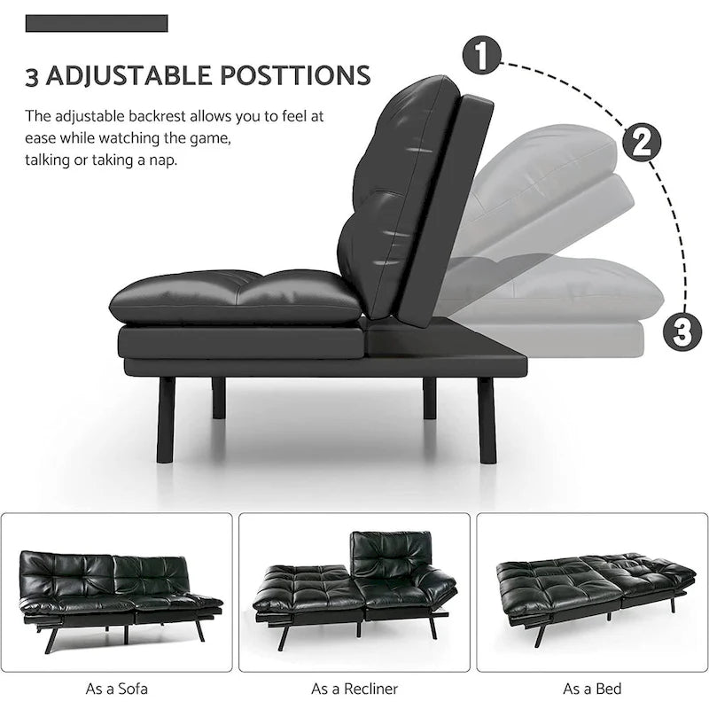 Futon moderne en similicuir avec mousse à mémoire de forme et accoudoirs réglables.