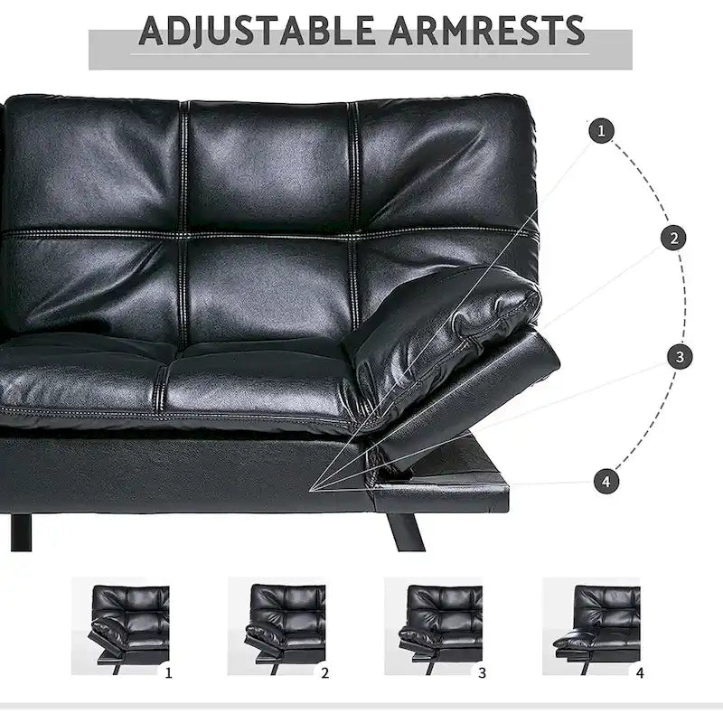 Futon moderne en similicuir avec mousse à mémoire de forme et accoudoirs réglables.
