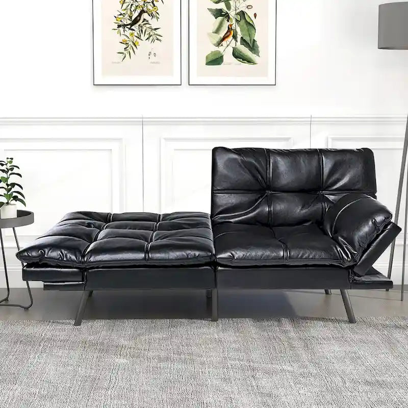 Futon moderne en similicuir avec mousse à mémoire de forme et accoudoirs réglables.