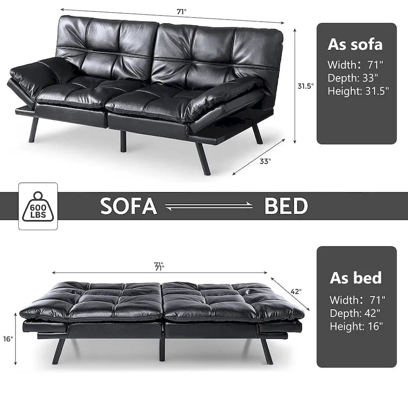 Futon moderne en similicuir avec mousse à mémoire de forme et accoudoirs réglables.