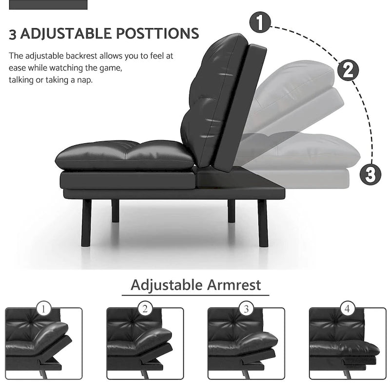 Futon moderne en similicuir avec mousse à mémoire de forme et accoudoirs réglables.
