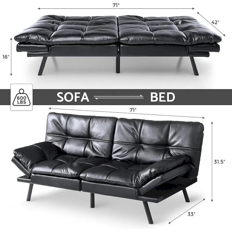 Futon moderne en similicuir avec mousse à mémoire de forme et accoudoirs réglables.