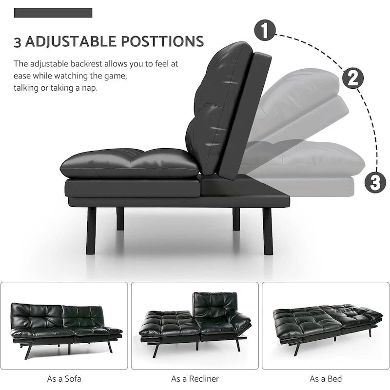 Futon moderne en similicuir avec mousse à mémoire de forme et accoudoirs réglables.