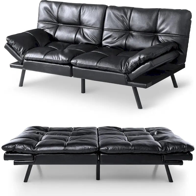Futon moderne en similicuir avec mousse à mémoire de forme et accoudoirs réglables.