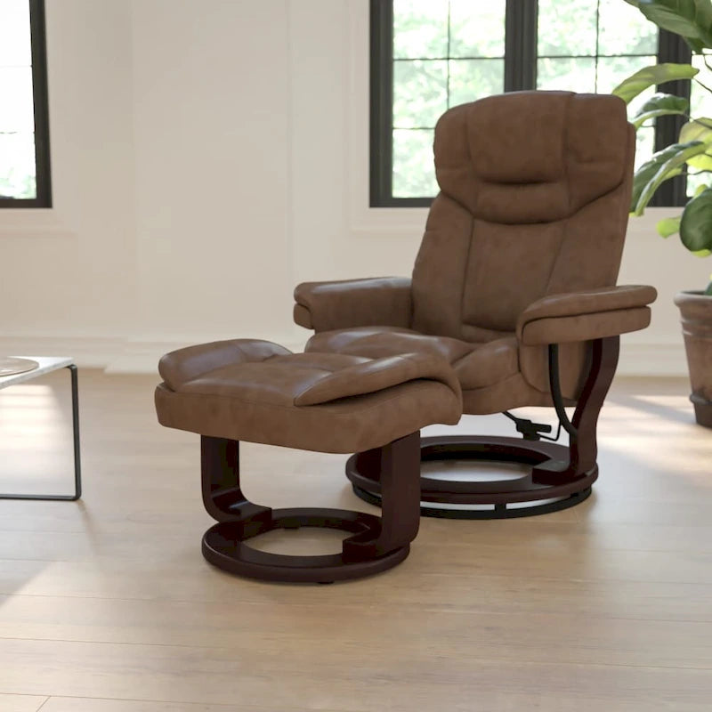 Fauteuil inclinable contemporain multiposition et pouf incurvé avec base pivotante