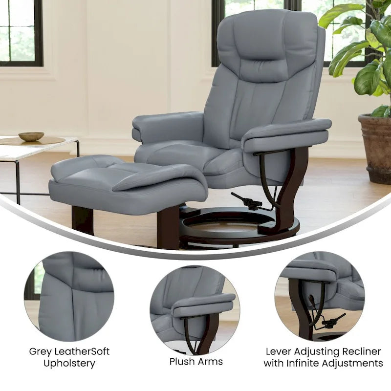 Fauteuil inclinable contemporain multiposition et pouf incurvé avec base pivotante