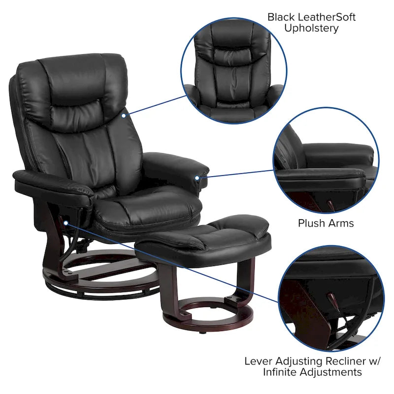 Fauteuil inclinable contemporain multiposition et pouf incurvé avec base pivotante