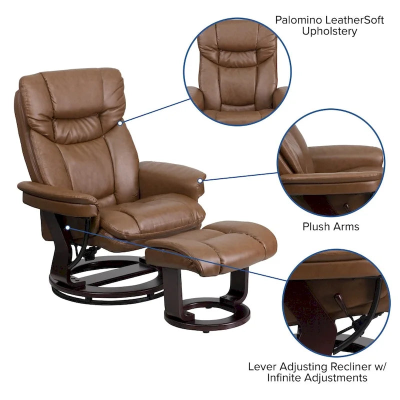 Fauteuil inclinable contemporain multiposition et pouf incurvé avec base pivotante