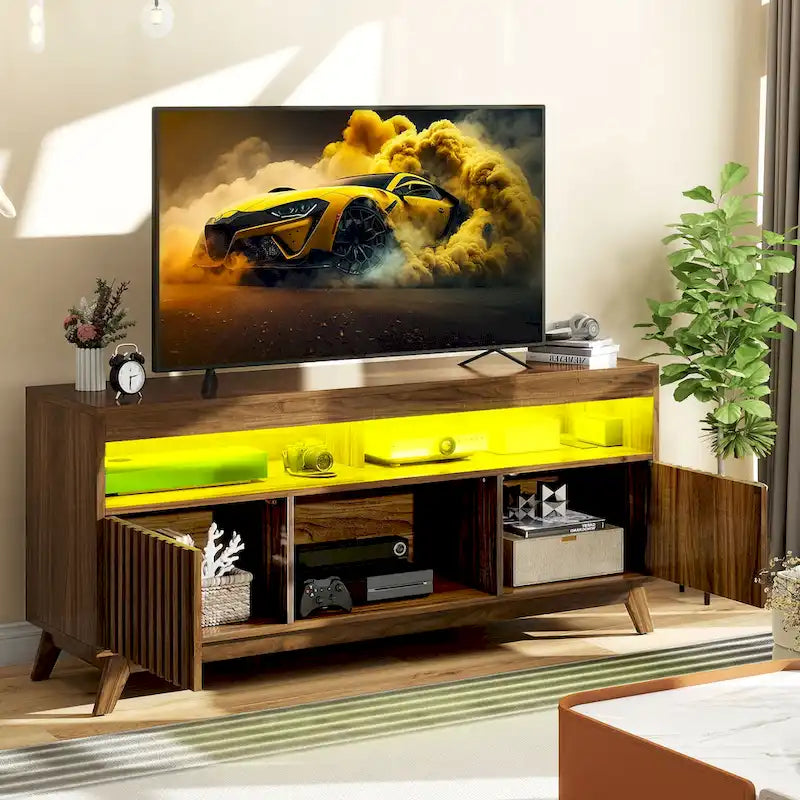 Meuble TV LED contemporain de 150 cm avec console multimédia et centre de divertissement pour téléviseurs jusqu'à 65 pouces