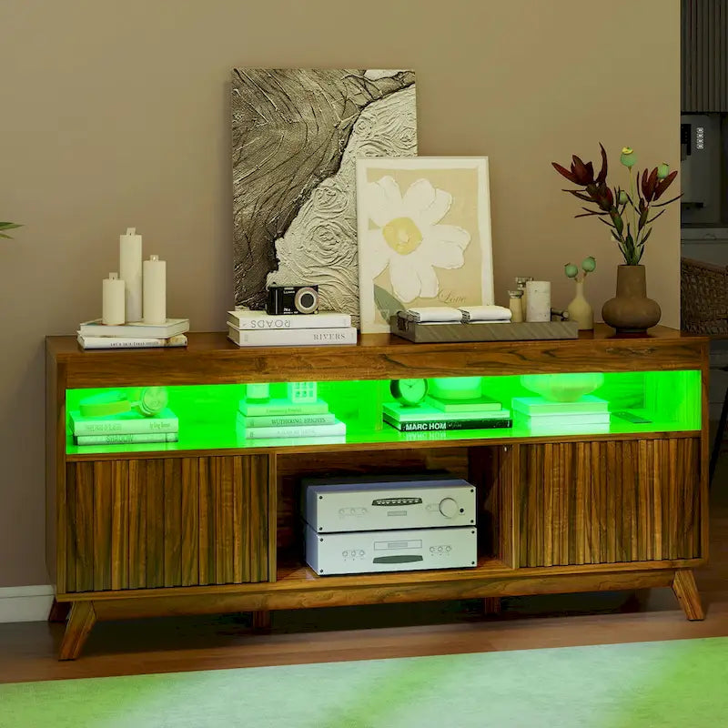 Meuble TV LED contemporain de 150 cm avec console multimédia et centre de divertissement pour téléviseurs jusqu'à 65 pouces