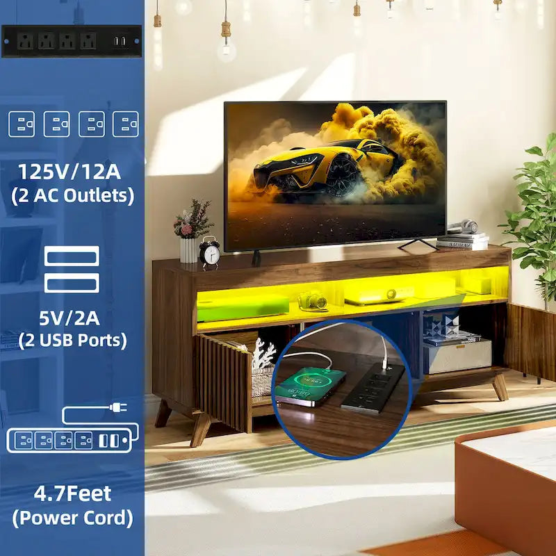 Meuble TV LED contemporain de 150 cm avec console multimédia et centre de divertissement pour téléviseurs jusqu'à 65 pouces