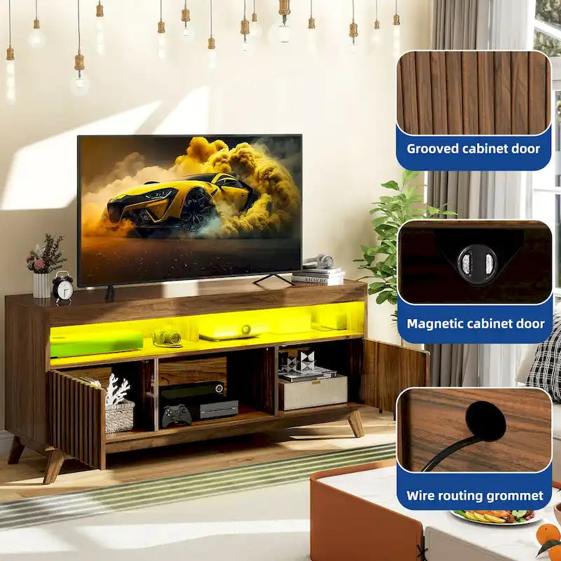 Meuble TV LED contemporain de 150 cm avec console multimédia et centre de divertissement pour téléviseurs jusqu'à 65 pouces