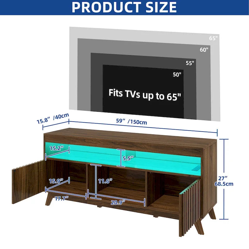 Meuble TV LED contemporain de 150 cm avec console multimédia et centre de divertissement pour téléviseurs jusqu'à 65 pouces