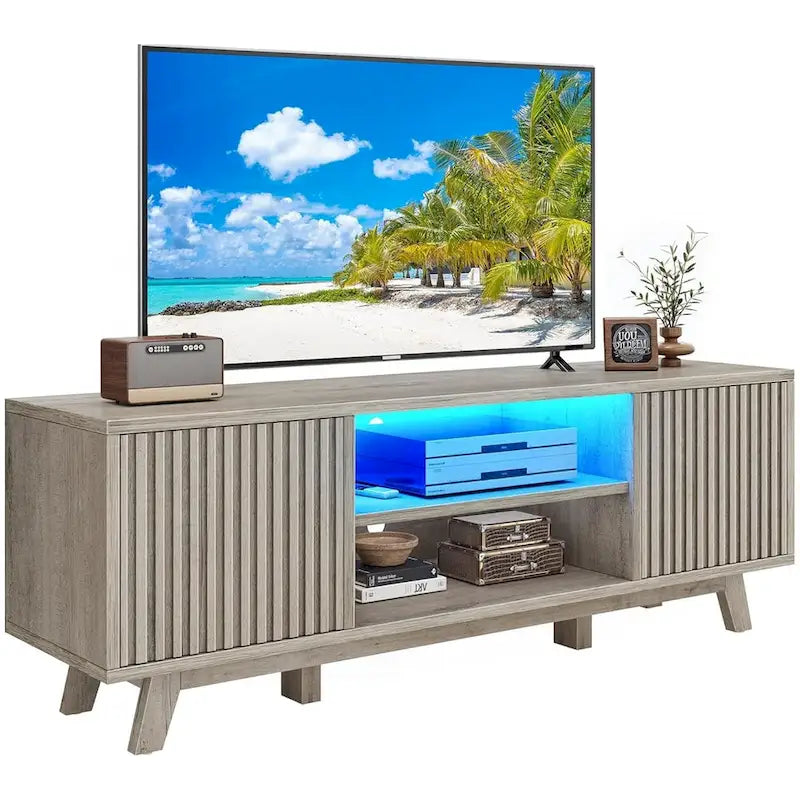 Meuble TV LED contemporain de 150 cm avec console multimédia et centre de divertissement pour téléviseurs jusqu'à 65 pouces