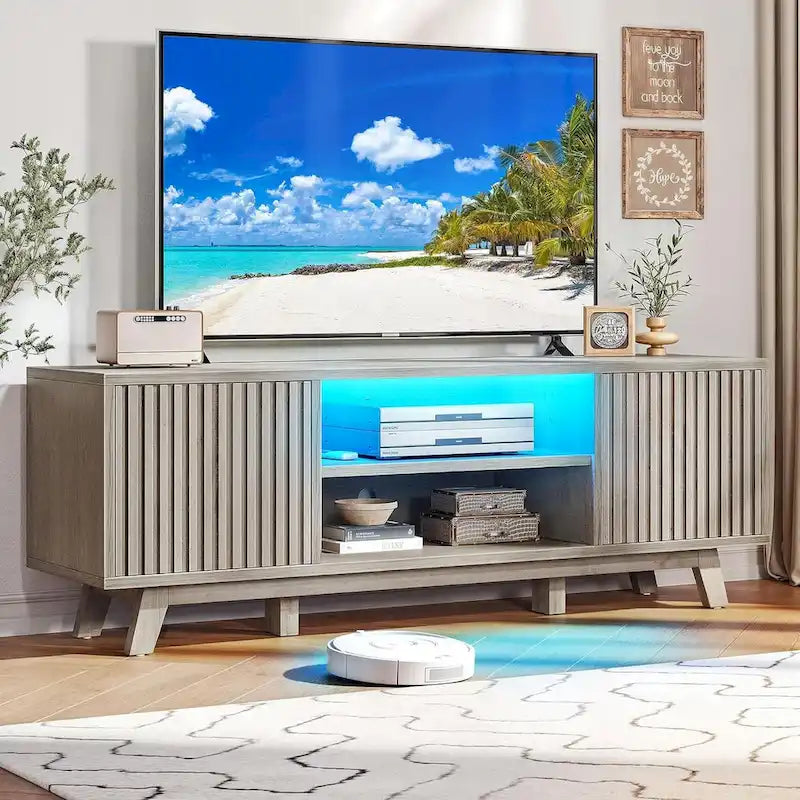 Meuble TV LED contemporain de 150 cm avec console multimédia et centre de divertissement pour téléviseurs jusqu'à 65 pouces