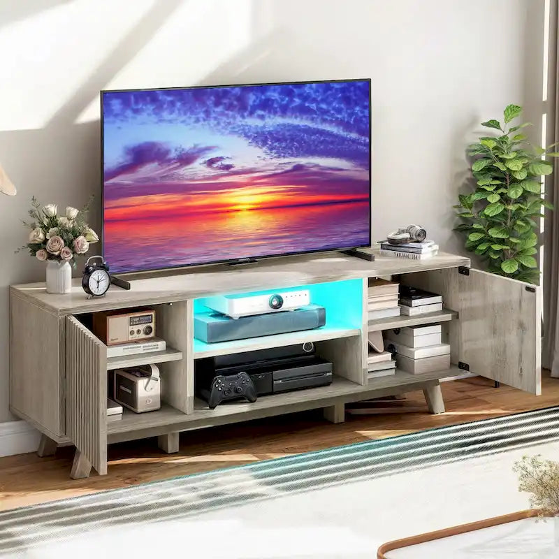 Meuble TV LED contemporain de 150 cm avec console multimédia et centre de divertissement pour téléviseurs jusqu'à 65 pouces