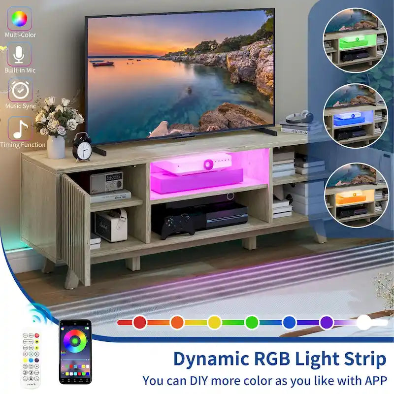 Meuble TV LED contemporain de 150 cm avec console multimédia et centre de divertissement pour téléviseurs jusqu'à 65 pouces