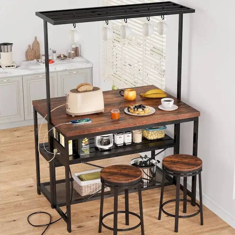 47 Kitchen Island Bakers Rack with 3 Tier Shelf and Hooks - N/A