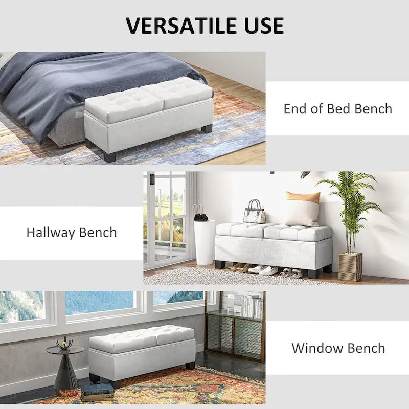 Banc de rangement capitonné avec charnières de sécurité pour salon, entrée, chambre à coucher