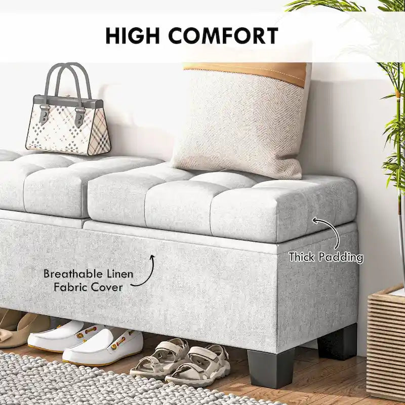Banc de rangement capitonné avec charnières de sécurité pour salon, entrée, chambre à coucher