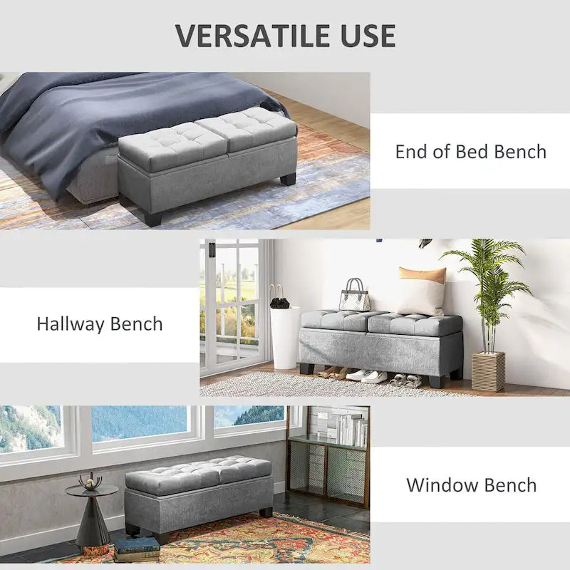 Banc de rangement capitonné avec charnières de sécurité pour salon, entrée, chambre à coucher