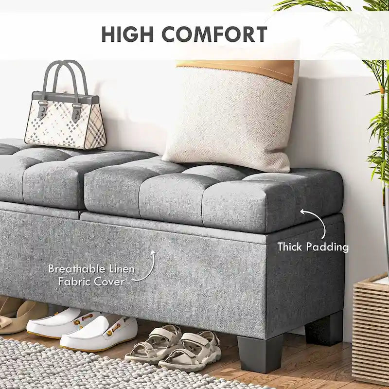 Banc de rangement capitonné avec charnières de sécurité pour salon, entrée, chambre à coucher