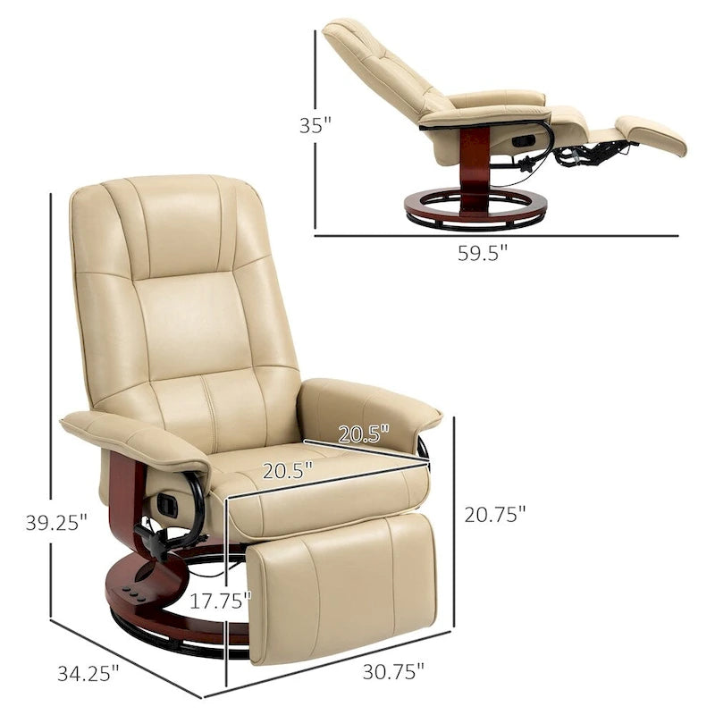 Fauteuil inclinable manuel en cuir pivotant avec accoudoirs et repose-pieds extensible
