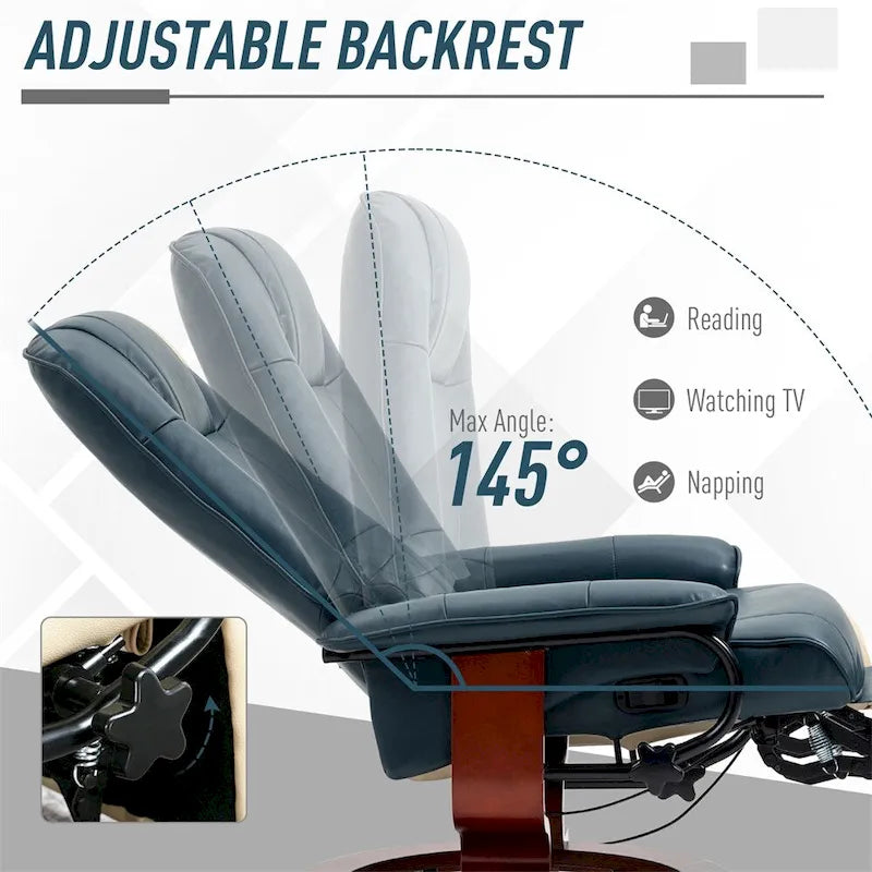Fauteuil inclinable manuel en cuir pivotant avec accoudoirs et repose-pieds extensible