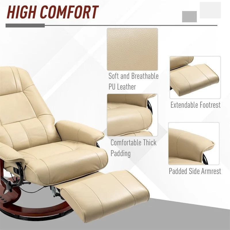 Fauteuil inclinable manuel en cuir pivotant avec accoudoirs et repose-pieds extensible