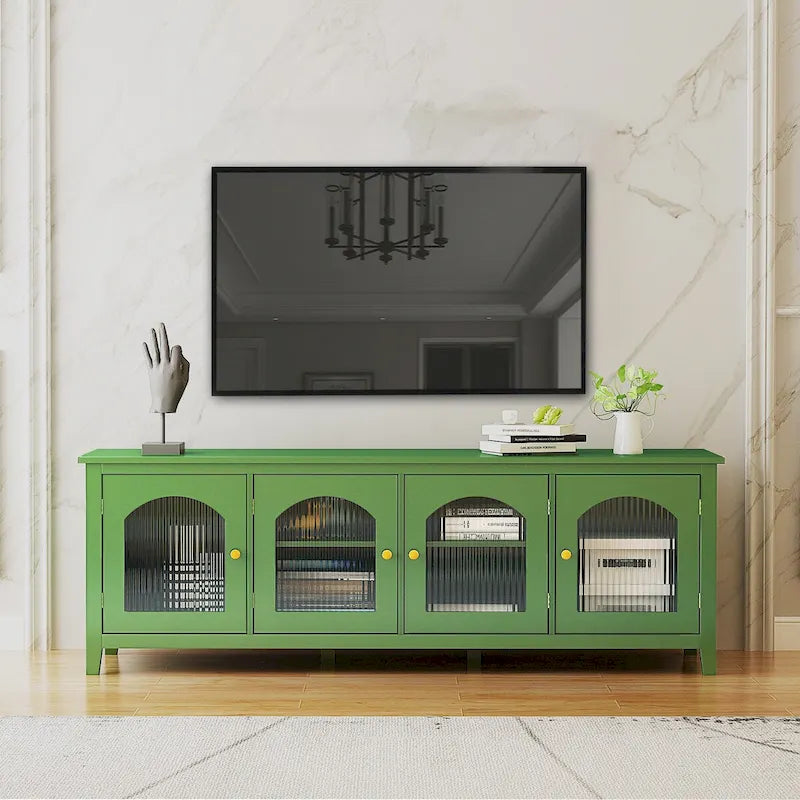 Meuble TV de rangement moderne de 180 cm en bois massif et portes vitrées