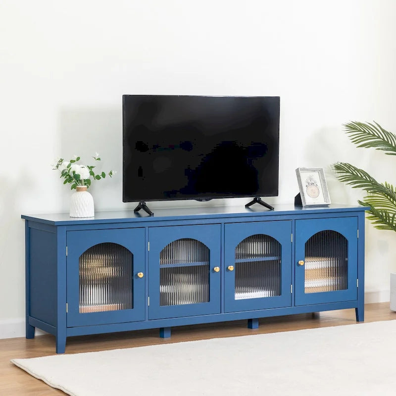 Meuble TV de rangement moderne de 180 cm en bois massif et portes vitrées