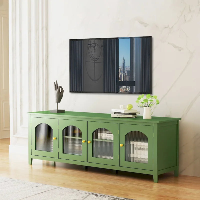 Meuble TV de rangement moderne de 180 cm en bois massif et portes vitrées