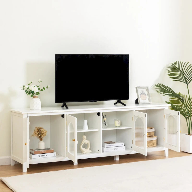 Meuble TV de rangement moderne de 180 cm en bois massif et portes vitrées