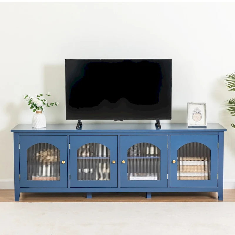 Meuble TV de rangement moderne de 180 cm en bois massif et portes vitrées