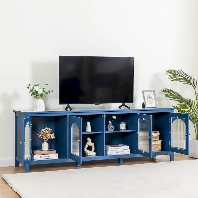 Meuble TV de rangement moderne de 180 cm en bois massif et portes vitrées